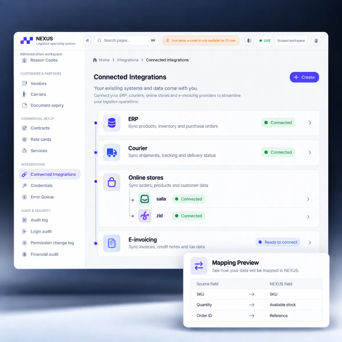 Nexus connected integrations interface
